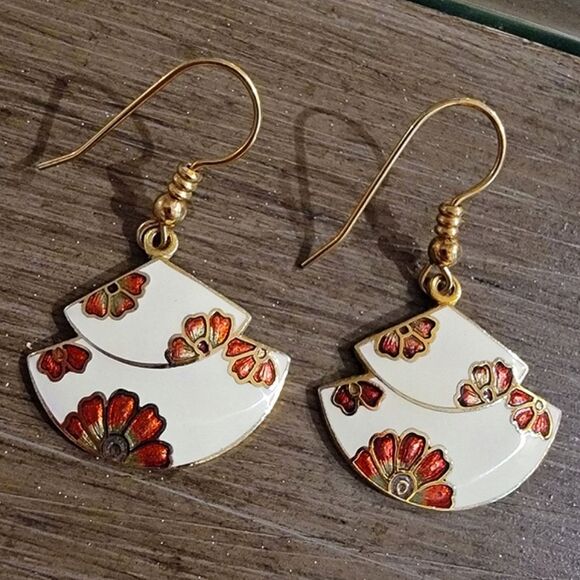 #Vintage 1984 #Cloisonne Dangle Earrings Floral 1.25" long. - Picture 2 of 3